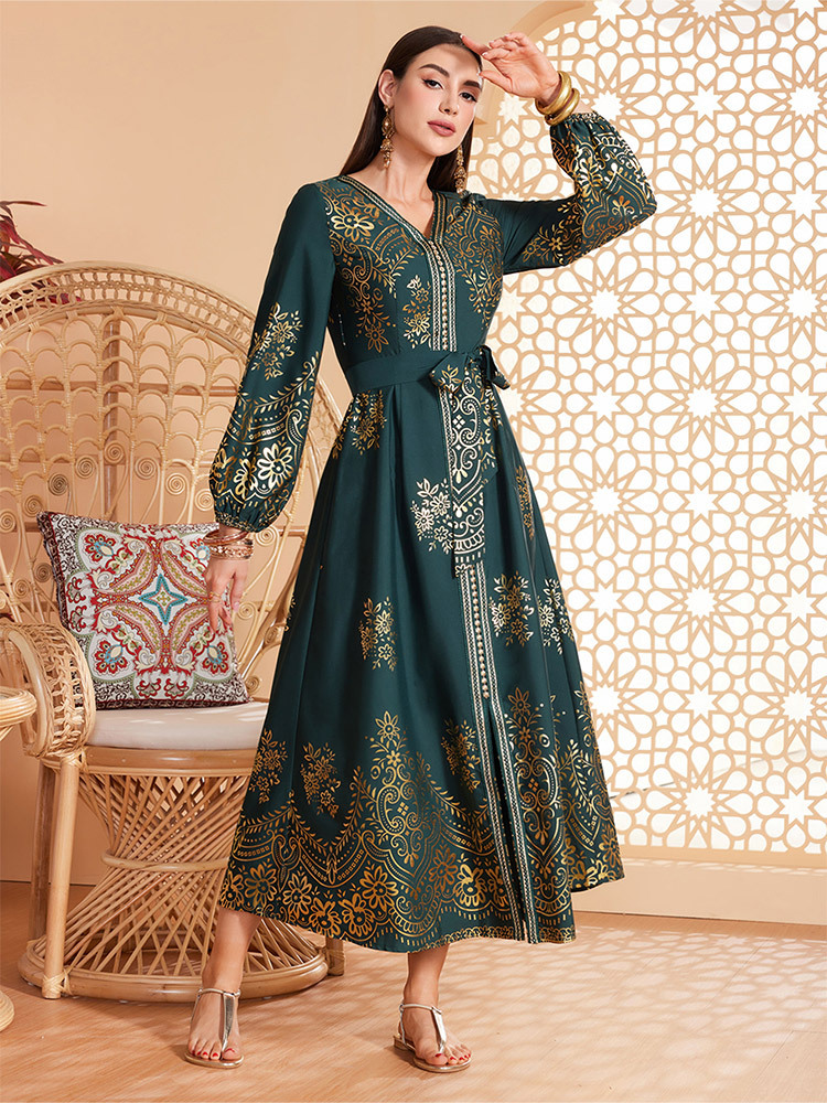 Middle East Muslim WomenS Fashion Dress Evening Lantern Sleeve Dress Spot